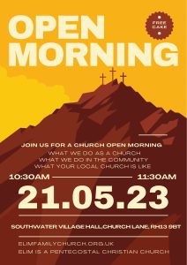 Elim Southwater Christian Church Open day leaflet, text 21.05.2023, three crosses on calvary, Orange and brown